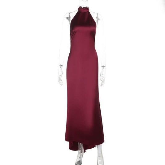 Satin halter backless solid maxi dress | Festival Outfits Women