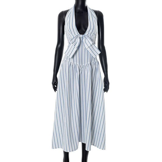 Striped bowknot zip-up halter maxi dress | Festival Outfits Women
