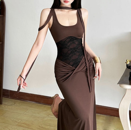 U neck lace patchwork ruched maxi dress | Festival Outfits Women