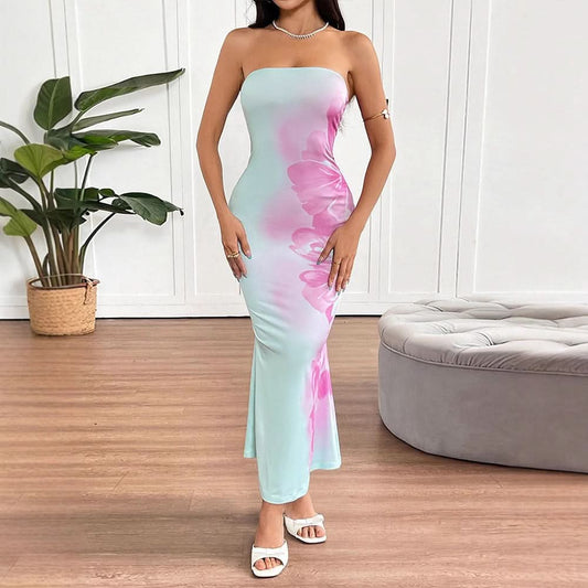 Flower print backless tube maxi dress | Festival Outfits Women