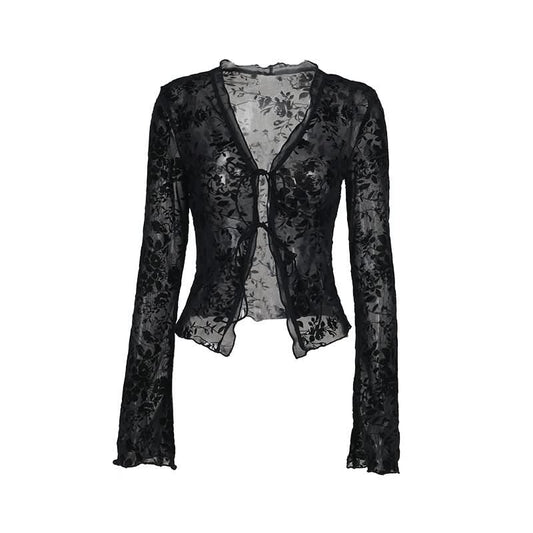 Long sleeve ruffle v neck print self tie top | Festival Outfits Women