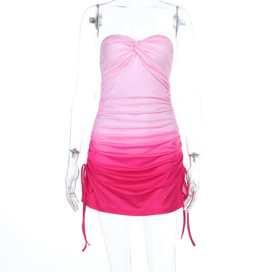 Gradient ruched self tie tube mini dress | Festival Outfits Women