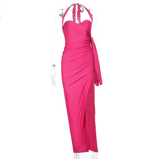 Halter self tie ruched v neck slit maxi dress | Festival Outfits Women