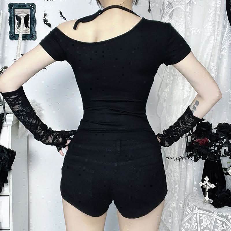 Short sleeve bat print irregular black top | Festival Outfits Women