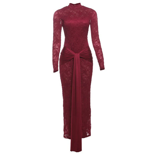 Long sleeve knotted backless lace maxi dress | Festival Outfits Women