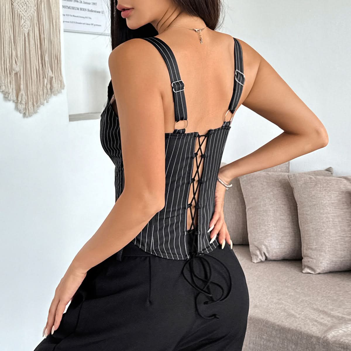 Ruffle hollow out striped self tie v neck cut out top | Festival Outfits Women