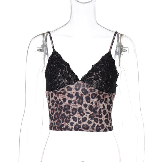 Leopard print v neck lace hem cami top | Festival Outfits Women | Cheetah Print Top