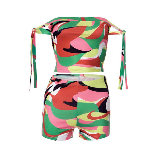 Off shoulder print self tie medium rise pant set | Festival Outfits Women