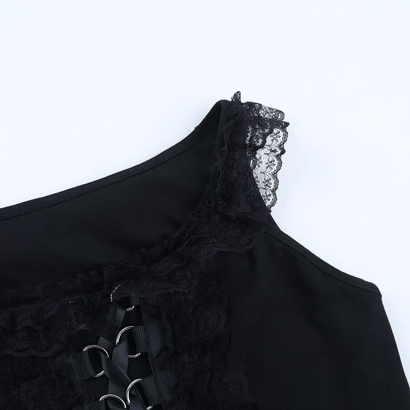 Lace hem lace up slit round neck top | Festival Outfits Women
