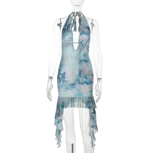 Print halter ruffle v neck self tie mini dress | Festival Outfits Women