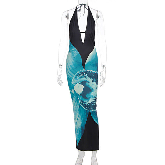 Halter v neck print backless maxi dress | Festival Outfits Women