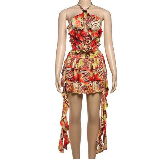 Hollow out halter self tie ruffle print cut out mini dress | Festival Outfits Women