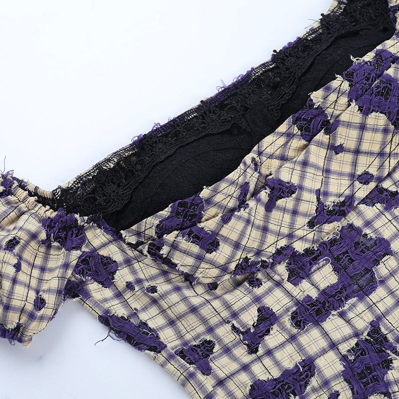 Off shoulder plaid print lace hem top | Festival Outfits Women