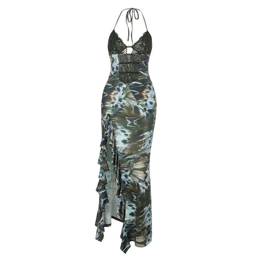 Halter self tie ruffle print v neck maxi dress | Festival Outfits Women