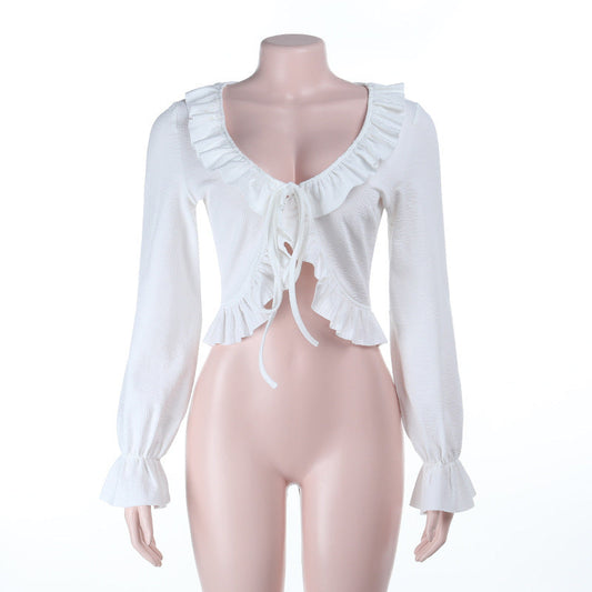 Long flared sleeve v neck ruffle ruched top | Festival Outfits Women