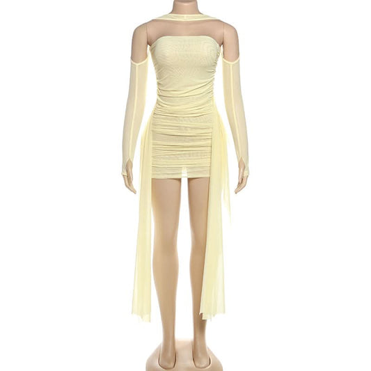 Mesh ruched gloves backless tube mini dress | Festival Outfits Women