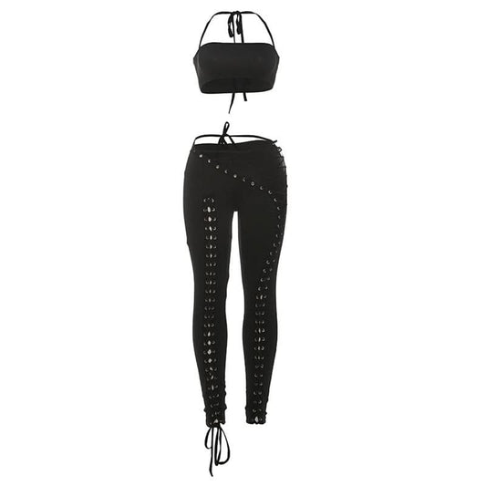 Self tie halter square neck lace up pant set | Festival Outfits Women