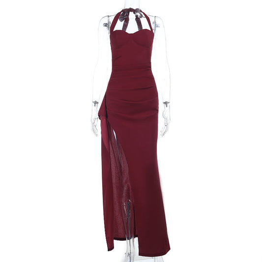 Halter high slit ruched solid maxi dress | Festival Outfits Women