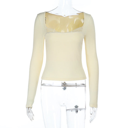 Lace hem long sleeve solid top | Festival Outfits Women