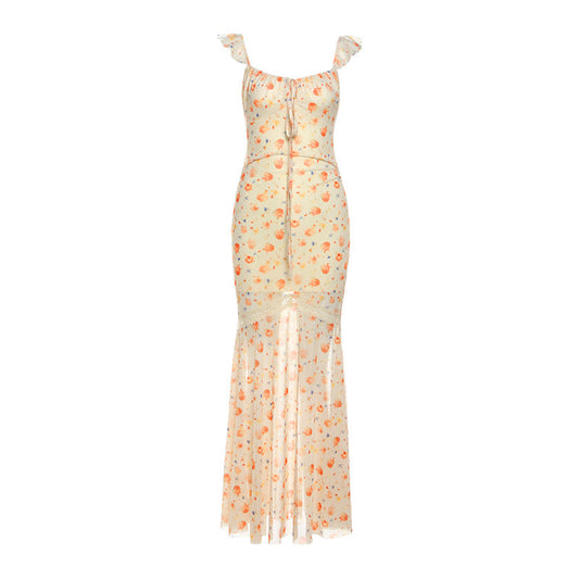 Mesh print ruched self tie lace hem maxi dress | Festival Outfits Women