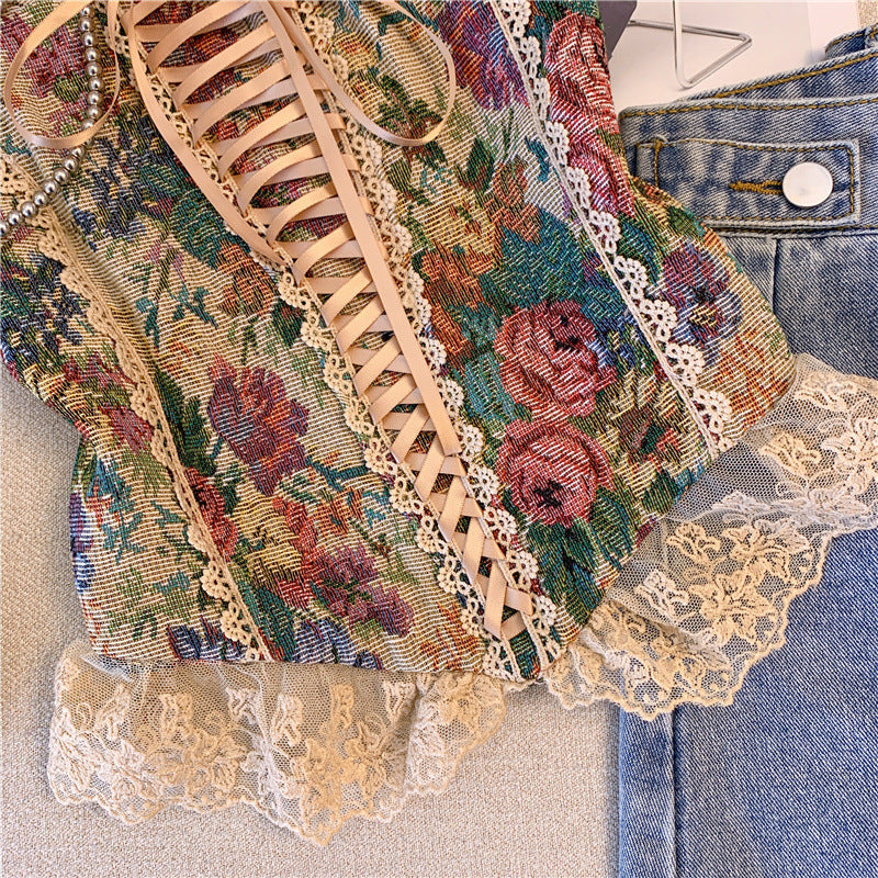 Lace up smocked lace hem flower pattern cami top | Festival Outfits Women
