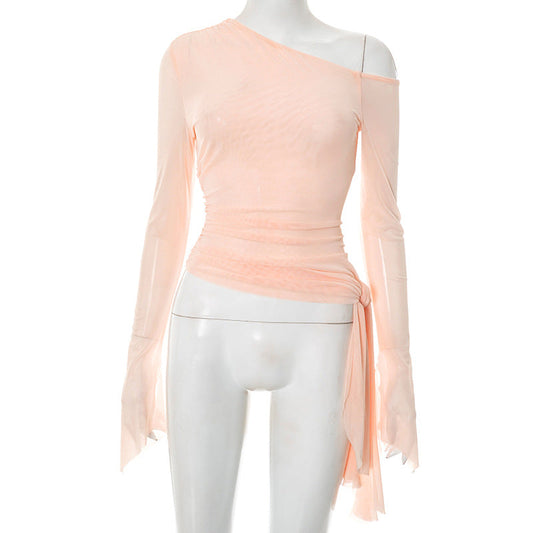One shoulder long sleeve mesh irregular top | Festival Outfits Women