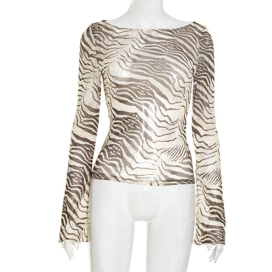 Long sleeve striped print mesh top | Festival Outfits Women
