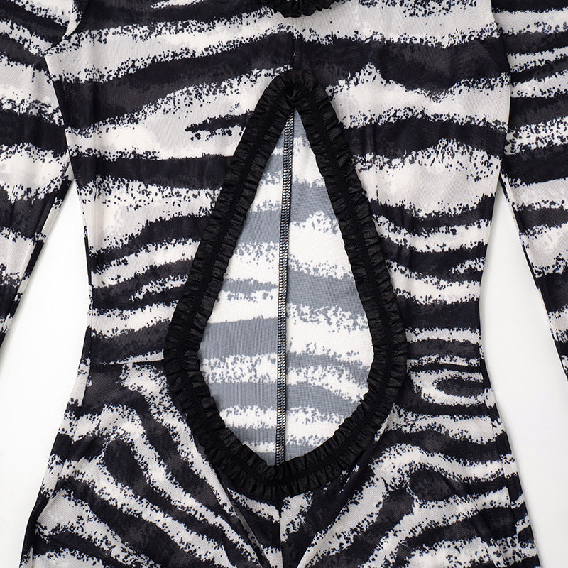 Zebra print hollow out slit ruffle cut out maxi dress | Festival Outfits Women