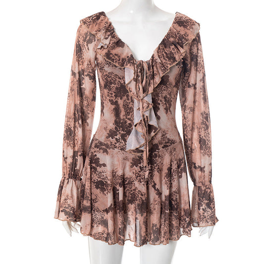 Long flared sleeve ruffle lace up print mini dress | Festival Outfits Women