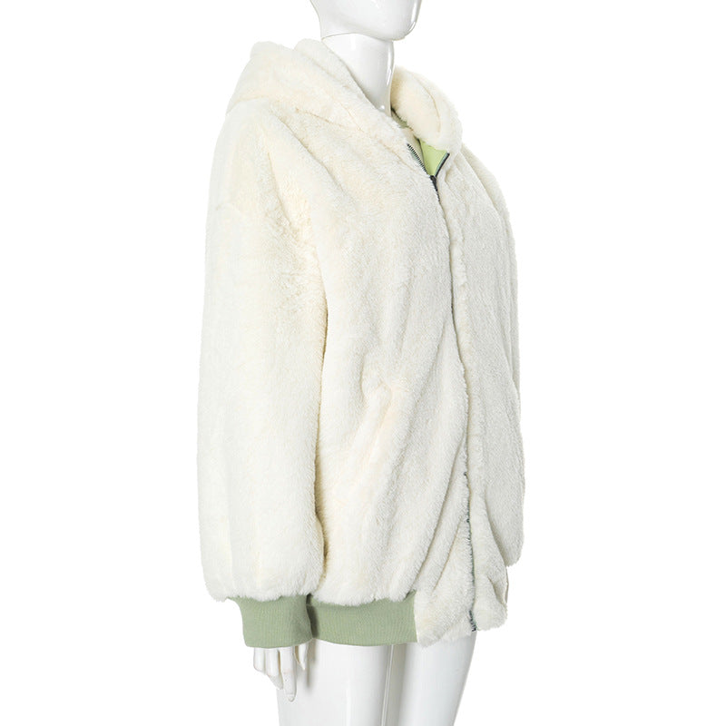 Long sleeve hoodie fluffy 2-way pocket zip-up coat top | Festival Outfits Women