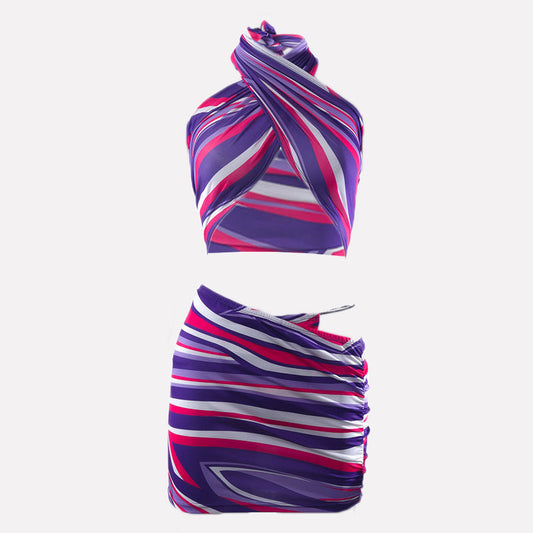 Striped print halter contrast mini skirt set | Festival Outfits Women