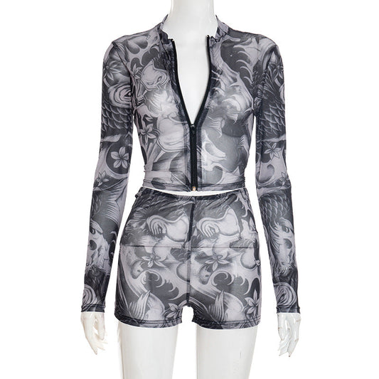 Long sleeve abstract zip-up mesh short pant set | Festival Outfits Women