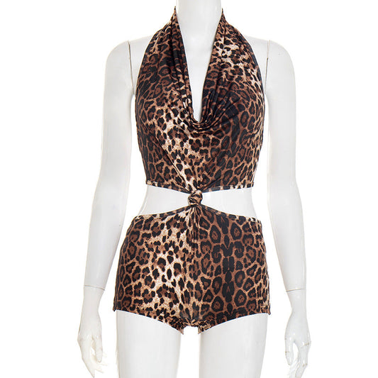 Halter leopard print self tie romper | Festival Outfits Women