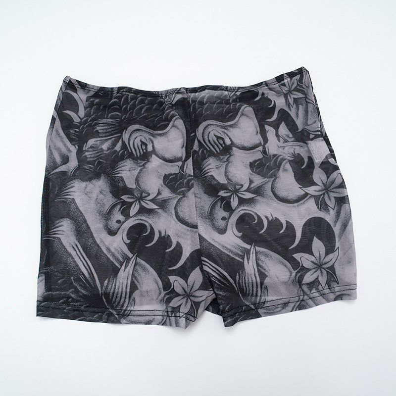 Long sleeve abstract zip-up mesh short pant set | Festival Outfits Women