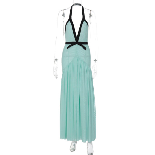 Halter ruched mesh deep V neck maxi dress | Festival Outfits Women