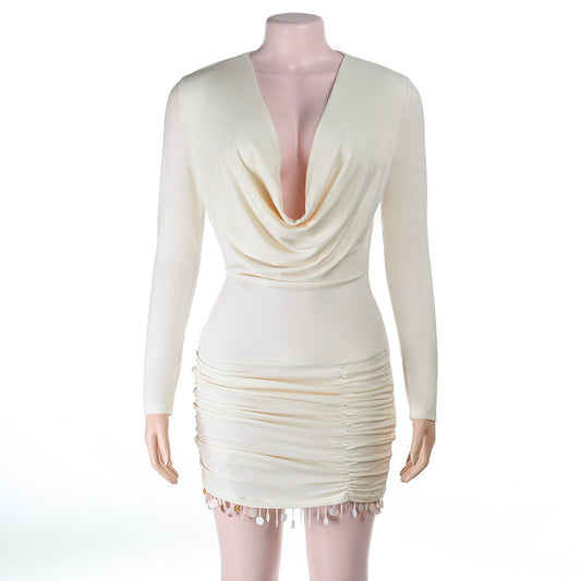 Cowl neck long sleeve ruched tassels mini dress | Festival Outfits Women