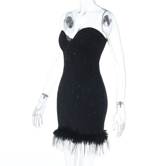 Sweetheart neck fluffy glitter mini dress | Festival Outfits Women