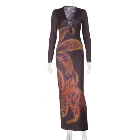 Hollow out beaded long sleeve print cut out maxi dress | Festival Outfits Women