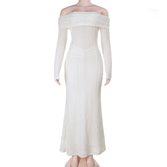 Off shoulder long sleeve textured ruched maxi dress | Festival Outfits Women
