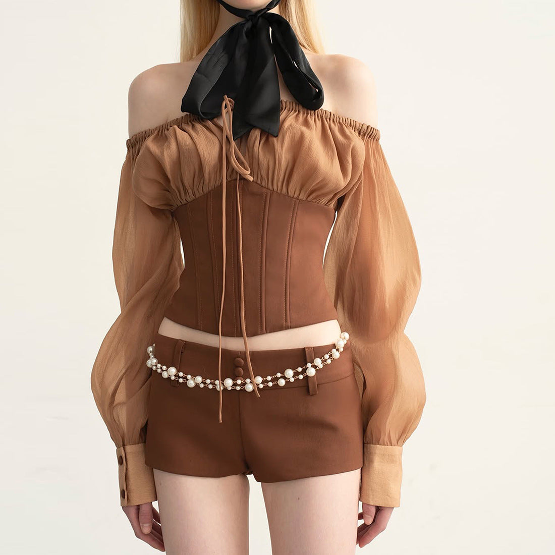 Puff sleeve off shoulder corset self tie top | Festival Outfits Women
