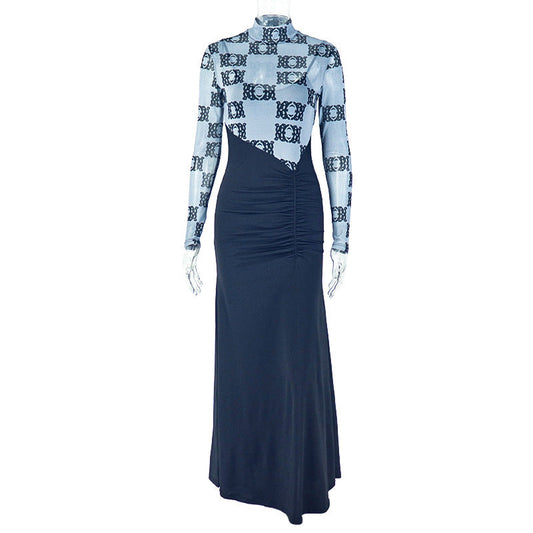 High neck long sleeve ruched print maxi dress | Festival Outfits Women