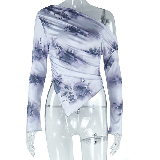One shoulder long sleeve flower print irregular top | Festival Outfits Women
