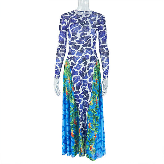 Long sleeve crewneck contrast print maxi dress | Festival Outfits Women