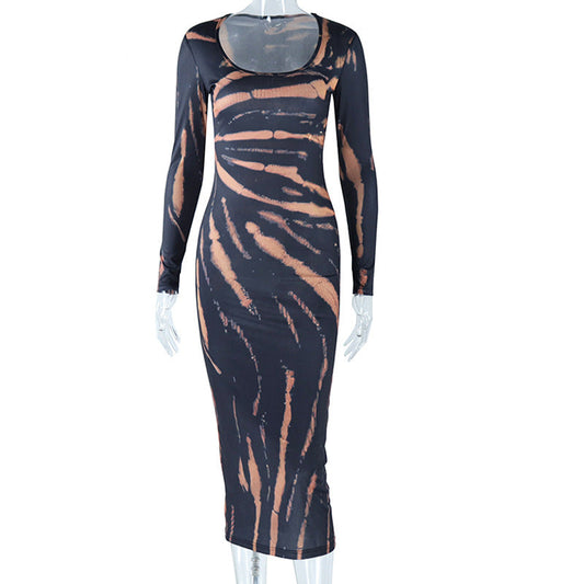 U neck long sleeve print maxi dress | Festival Outfits Women