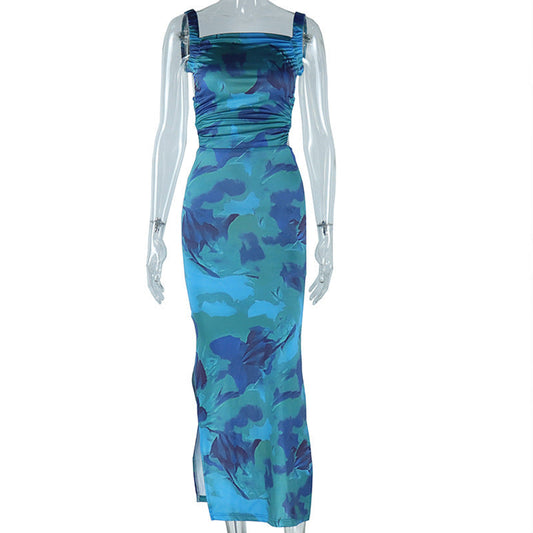 Square neck ruched print backless self tie cami maxi dress | Festival Outfits Women