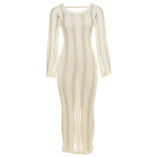 Long sleeve backless knitted hollow out cut out maxi dress | Festival Outfits Women