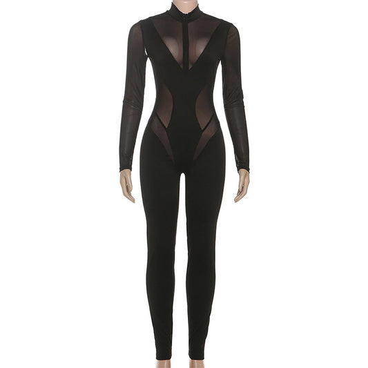 High neck long sleeve mesh patchwork jumpsuit | Festival Outfits Women