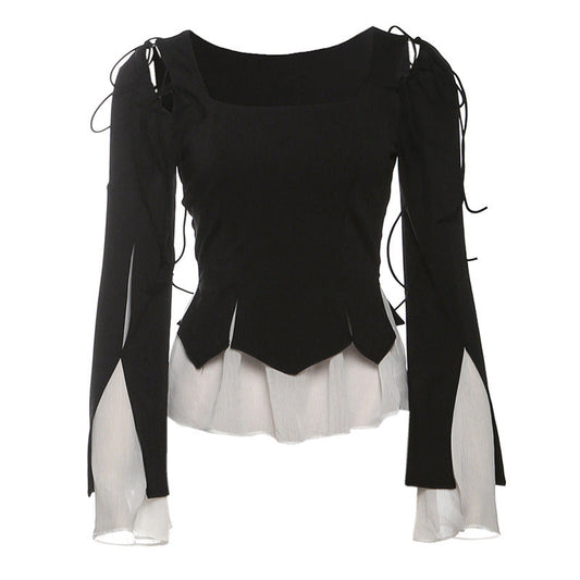 Long sleeve self tie ruffle top | Festival Outfits Women