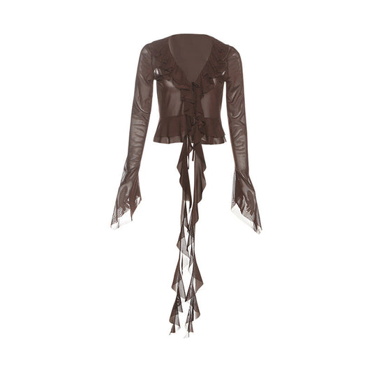 Long flared sleeve mesh ruffle top | Festival Outfits Women