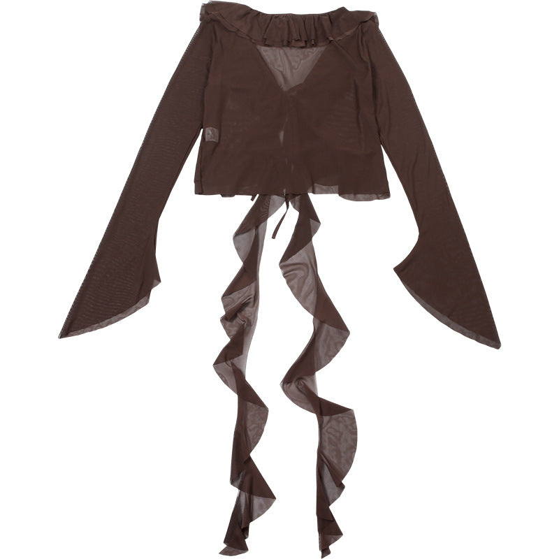 Long flared sleeve mesh ruffle top | Festival Outfits Women